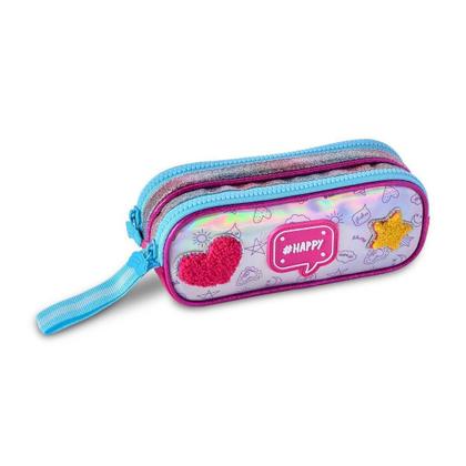 Imagem de Kit Mochila Costas Holográfico Happy Lancheira Estojo - Azul