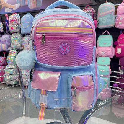 Imagem de Kit Mochila Costas Material Brilho Metalizado Com Chaveiro Pompom Com Estojo Box