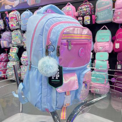 Imagem de Kit Mochila Costas Material Brilho Metalizado Com Chaveiro Pompom Com Estojo Box