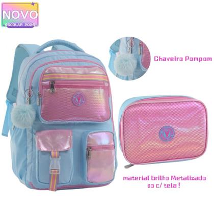 Imagem de Kit Mochila Costas Material Brilho Metalizado Com Chaveiro Pompom Com Estojo Box