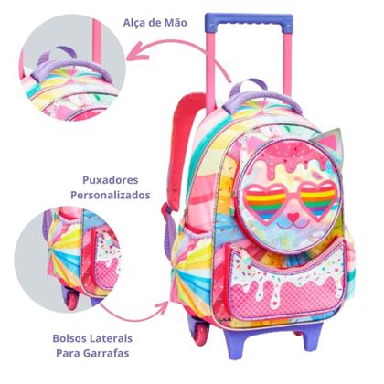 Imagem de Kit Mochila De Rodinha Escolar Infantil Para Menina Lancheira Estojo Estampa de Coração E Sorvete
