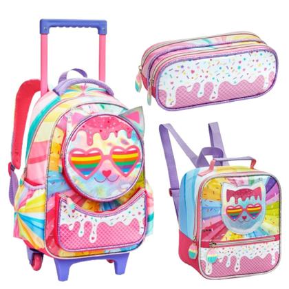 Imagem de Kit Mochila De Rodinha Escolar Infantil Para Menina Lancheira Estojo Estampa de Coração E Sorvete