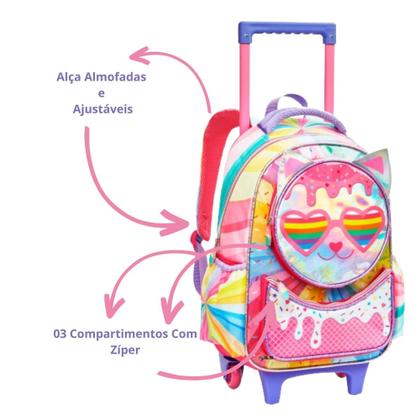 Imagem de Kit Mochila De Rodinha Escolar Infantil Para Menina Lancheira Estojo Estampa de Coração E Sorvete