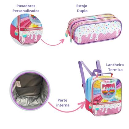 Imagem de Kit Mochila De Rodinha Escolar Infantil Para Menina Lancheira Estojo Estampa de Coração E Sorvete