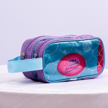 Imagem de Kit Mochila de Rodinha Escolar Sereia Infantil Feminino + Lancheira Transversal + Estojo Duplo Menina Cristal
