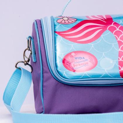 Imagem de Kit Mochila de Rodinha Escolar Sereia Infantil Feminino + Lancheira Transversal + Estojo Duplo Menina Cristal