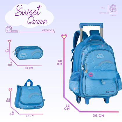 Imagem de Kit Mochila de Rodinha Escolar Sweet Queen Smile Glitter Arco Íris Original Completo
