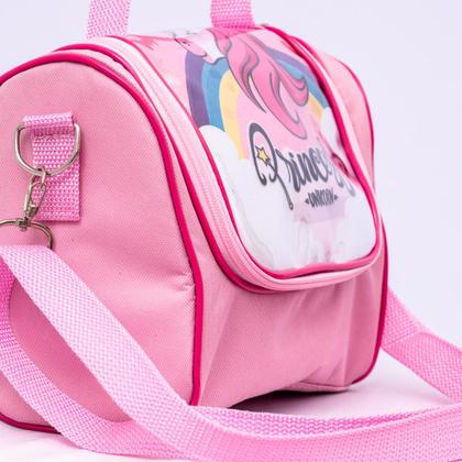Imagem de Kit Mochila de Rodinha Escolar Unicórnio Princesa Infantil Feminino + Lancheira Transversal + Estojo Duplo Menina Cristal