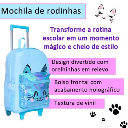 Imagem de Kit Mochila de Rodinha Menina Estojo Lancheira Gatinho Glitter