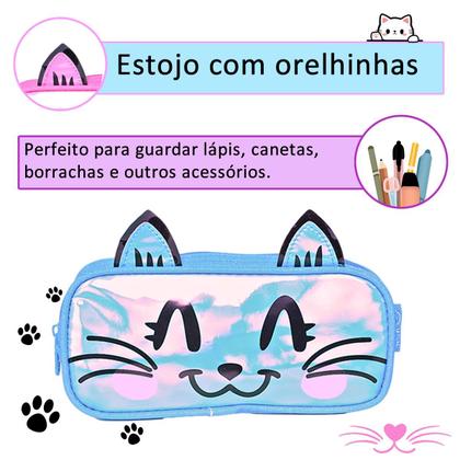 Imagem de Kit Mochila de Rodinha Menina Estojo Lancheira Gatinho Glitter