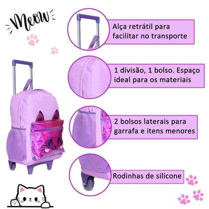 Imagem de Kit Mochila de Rodinha Menina Estojo Lancheira Gatinho Glitter