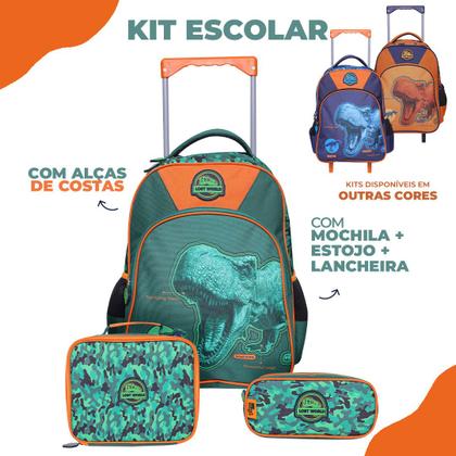 Imagem de Kit Mochila de Rodinhas C/ Alças + Lancheira + Estojo Dinossauro Dino Lost Escolar Infantil