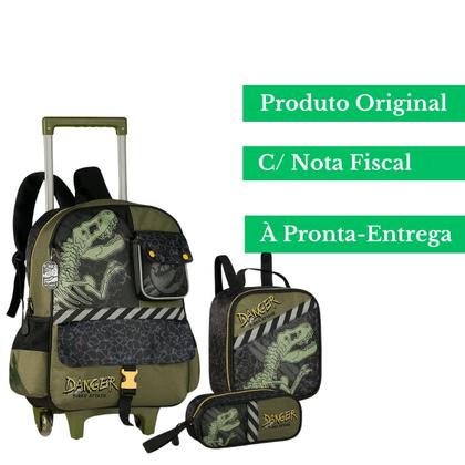 Imagem de Kit Mochila De Rodinhas Dinossauro T Rex Attack Danger Com Lancheira Térmica e Estojo Escolar Completo Infantil Clio