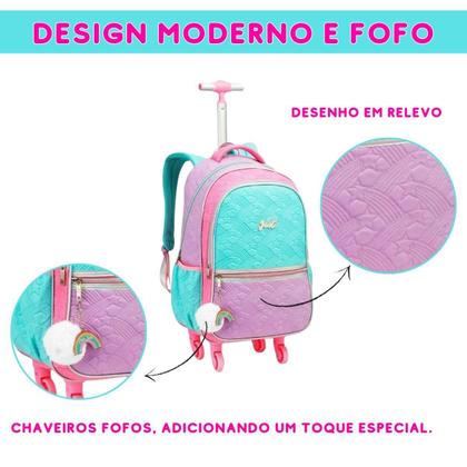 Imagem de Kit Mochila De Rodinhas Menina Estojo Lancheira Arco-Íris