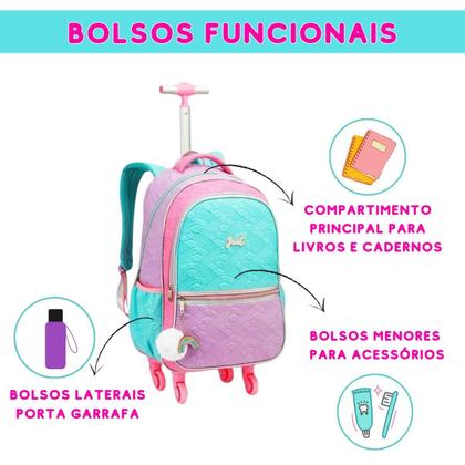 Imagem de Kit Mochila De Rodinhas Menina Estojo Lancheira Arco-Íris