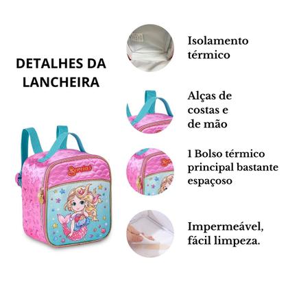Imagem de Kit Mochila de Rodinhas Sereia C/ Lancheira Térmica E Estojo Duplo Escolar Infantil - Clio