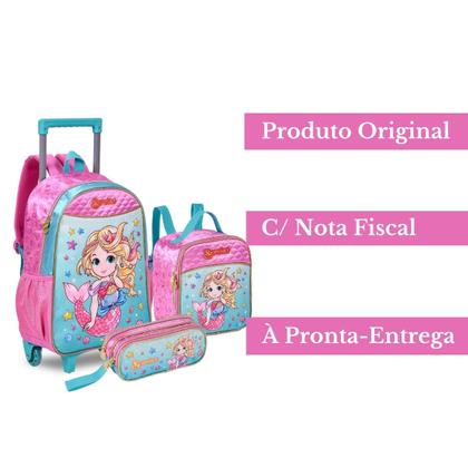 Imagem de Kit Mochila de Rodinhas Sereia C/ Lancheira Térmica E Estojo Duplo Escolar Infantil - Clio