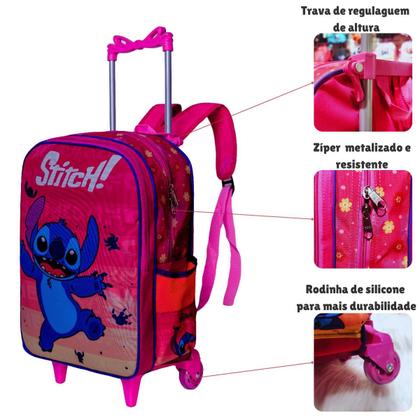 Imagem de Kit Mochila De Stitch Infantil Menina Com Rodinha Tamanho G Reforçado e Lancheira Termica