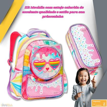 Imagem de Kit Mochila e Estojo Escolar Colorida Gatinho Resistente Lançamento