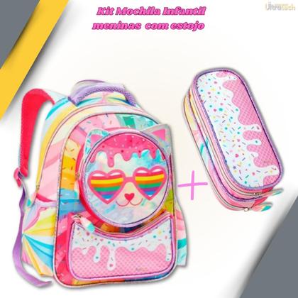 Imagem de Kit Mochila e Estojo Escolar Colorida Gatinho Resistente Lançamento