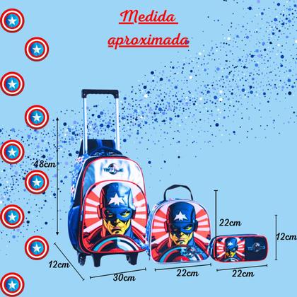Imagem de Kit Mochila Escolar Capitão Herói Rodinhas Estojo Lancheira