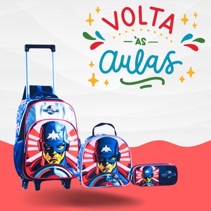 Imagem de Kit Mochila Escolar Capitão Herói Rodinhas Estojo Lancheira