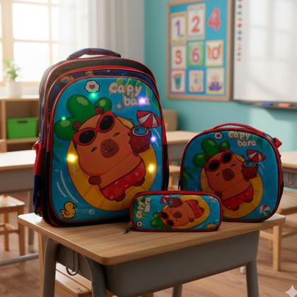 Imagem de Kit Mochila Escolar Capivara + Estojo + Lancheira Térmica