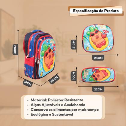 Imagem de Kit Mochila Escolar Capivara + Estojo + Lancheira Térmica