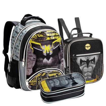 Imagem de Kit Mochila Escolar de Costas, Lancheira Termica e Estojo Duplo Homem Morcego, Masculina, Meninos