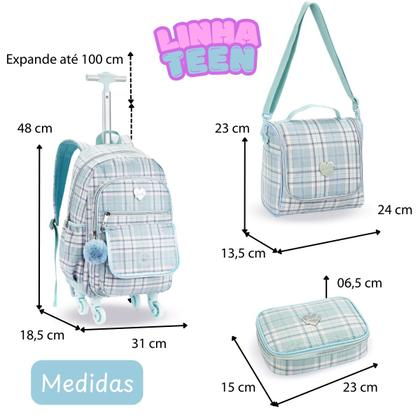 Imagem de Kit Mochila Escolar Grande Juvenil 4 rodas 360 com estojo Box e Lancheira Térmica Haste Telescópica e Alças Costas