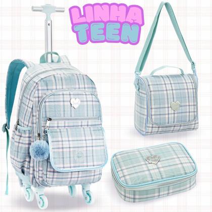 Imagem de Kit Mochila Escolar Grande Juvenil 4 rodas 360 com estojo Box e Lancheira Térmica Haste Telescópica e Alças Costas