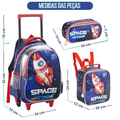 Imagem de Kit Mochila Escolar Infantil Astronauta Com e Sem Rodinhas Criança Menino