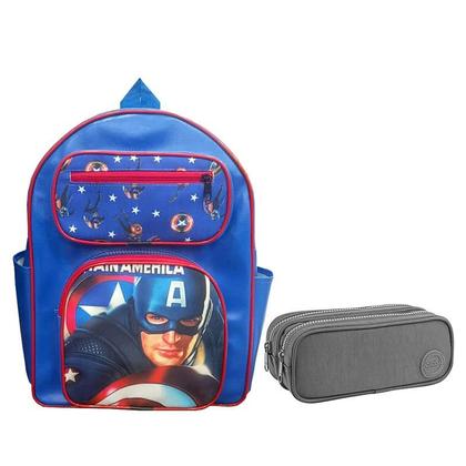 Imagem de Kit Mochila Escolar Infantil Capitão América e Estojo Duplo Académie Cinza - Edu Bolsas