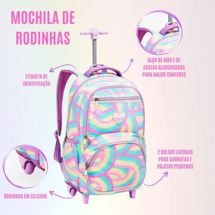 Imagem de Kit Mochila Escolar Infantil com 4 Rodinhas, Estojo Jumbo e Lancheira Termica - Juvenil Meninas
