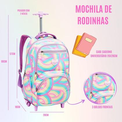 Imagem de Kit Mochila Escolar Infantil com 4 Rodinhas, Estojo Jumbo e Lancheira Termica - Juvenil Meninas
