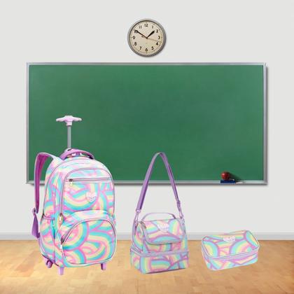 Imagem de Kit Mochila Escolar Infantil com 4 Rodinhas, Estojo Jumbo e Lancheira Termica - Juvenil Meninas