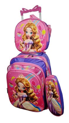 Imagem de Kit Mochila Escolar Infantil de Rodinhas Meninas 3D Bolsa Resistente Impermeável Com Lancheira e Estojo