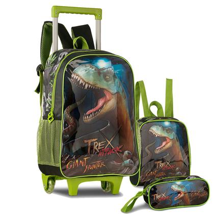 Imagem de Kit Mochila Escolar Infantil Dinossauro T-Rex Verde e Preta