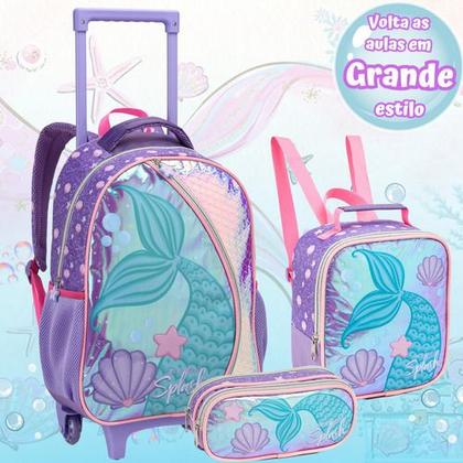 Imagem de Kit Mochila Escolar Infantil Feminina Lancheira Térmica Estojo Sereia Menina