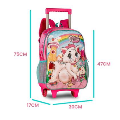 Imagem de Kit Mochila Escolar Infantil Meninas Rodinha Estojo Lancheira Gatinha Nini Clio Animais