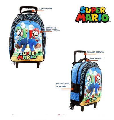 Imagem de Kit Mochila Escolar Infantil Super Mario E Luigi Com Rodinha