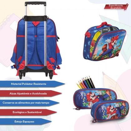 Imagem de Kit Mochila Escolar Infantil Super Mario Rodinha Resistente