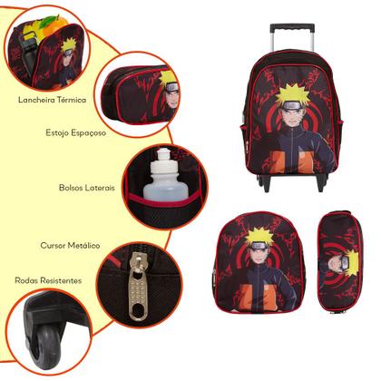 Imagem de Kit Mochila Escolar Masculina Naruto Rodinhas Reforçada