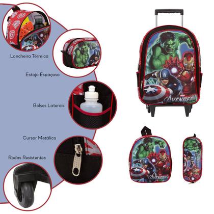 Imagem de Kit Mochila Escolar Menino Rodinha Vingadores + Lancheira