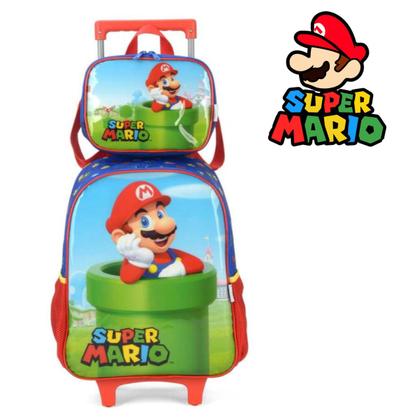 Imagem de Kit Mochila Escolar Rodinha Infantil Super Mario + Lancheira