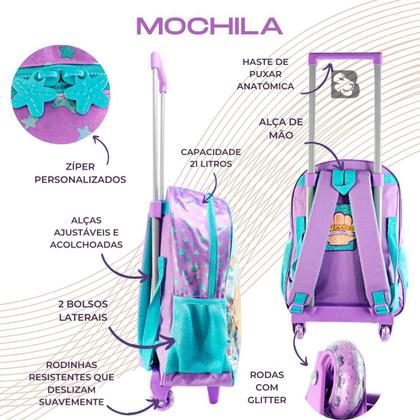 Kit Mochila Escolar Sereia Encanto dos Mares Com Rodinhas Lancheira e Estojo Duplo Para Menina Reforçada - Clio Style Imagem de Kit Mochila Escolar Sereia Encanto dos Mares Com Rodinhas Lancheira e Estojo Duplo Para Menina Reforçada