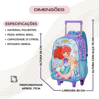 Kit Mochila Escolar Sereia Encanto dos Mares Com Rodinhas Lancheira e Estojo Duplo Para Menina Reforçada - Clio Style Imagem de Kit Mochila Escolar Sereia Encanto dos Mares Com Rodinhas Lancheira e Estojo Duplo Para Menina Reforçada