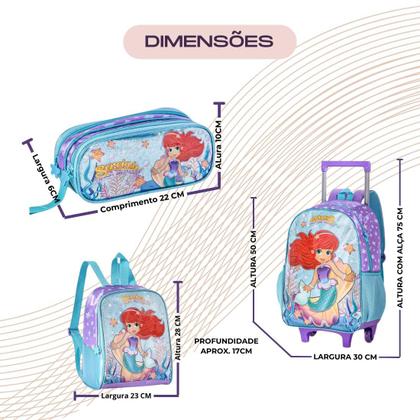 Kit Mochila Escolar Sereia Encanto dos Mares Com Rodinhas Lancheira e Estojo Duplo Para Menina Reforçada - Clio Style Imagem de Kit Mochila Escolar Sereia Encanto dos Mares Com Rodinhas Lancheira e Estojo Duplo Para Menina Reforçada