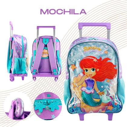 Kit Mochila Escolar Sereia Encanto dos Mares Com Rodinhas Lancheira e Estojo Duplo Para Menina Reforçada - Clio Style Imagem de Kit Mochila Escolar Sereia Encanto dos Mares Com Rodinhas Lancheira e Estojo Duplo Para Menina Reforçada