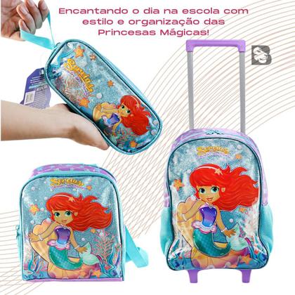 Kit Mochila Escolar Sereia Encanto dos Mares Com Rodinhas Lancheira e Estojo Duplo Para Menina Reforçada - Clio Style Imagem de Kit Mochila Escolar Sereia Encanto dos Mares Com Rodinhas Lancheira e Estojo Duplo Para Menina Reforçada